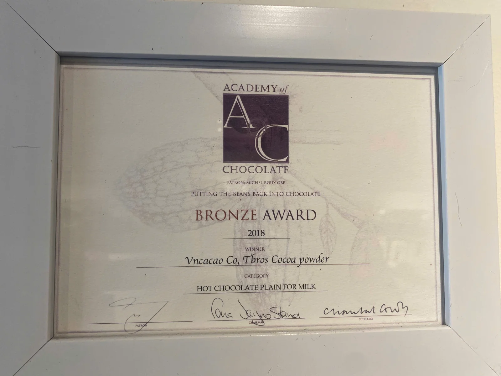 Academy of Chocolate 2018 Bronze Award certificate for Tbros cocoa powder, Hot Chocolate – Plain, for Milk