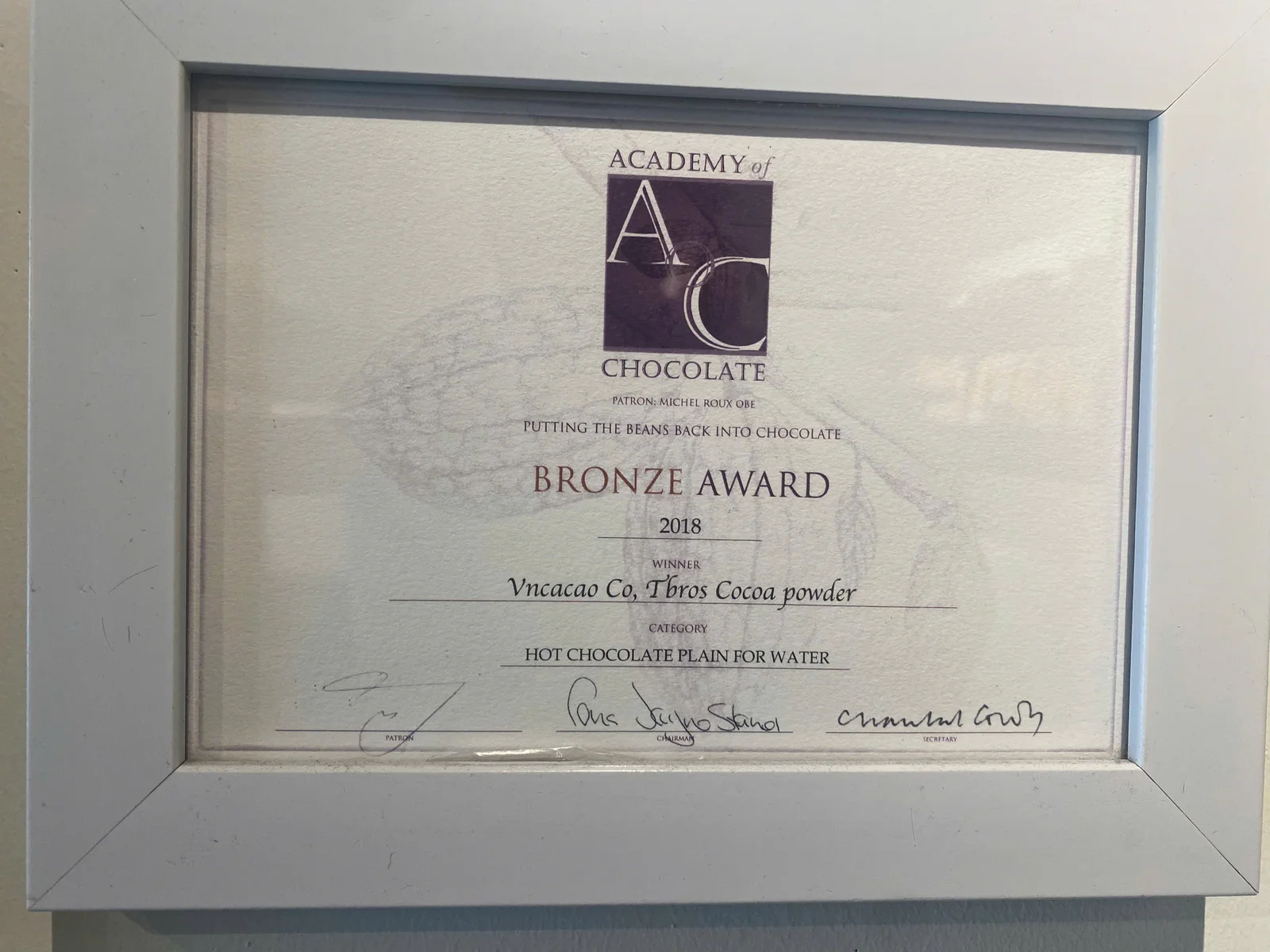 Academy of Chocolate 2018 Bronze Award certificate for Tbros cocoa powder, category Hot Chocolate Plain for Water