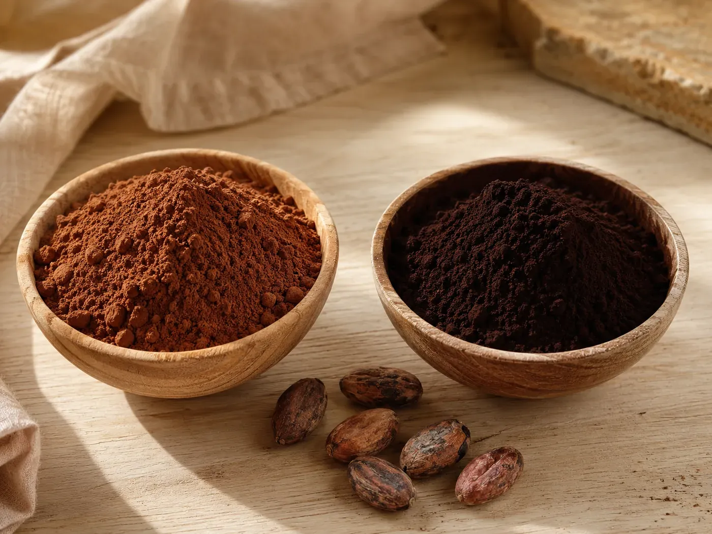 Wooden bowls of lighter and darker cocoa powder with cocoa beans