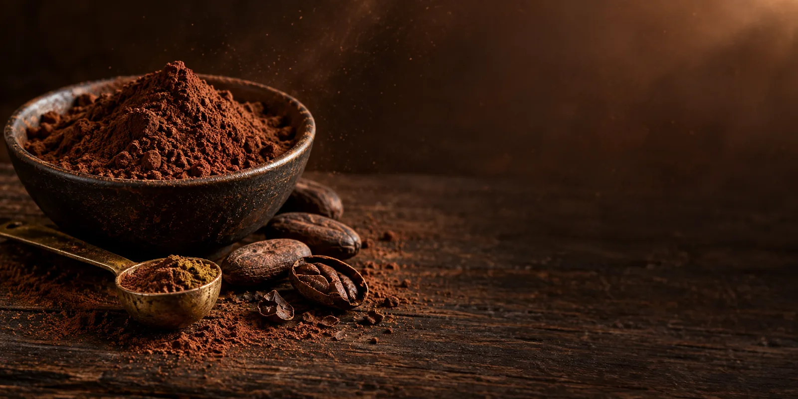 Bowl of cocoa powder beside whole cocoa beans