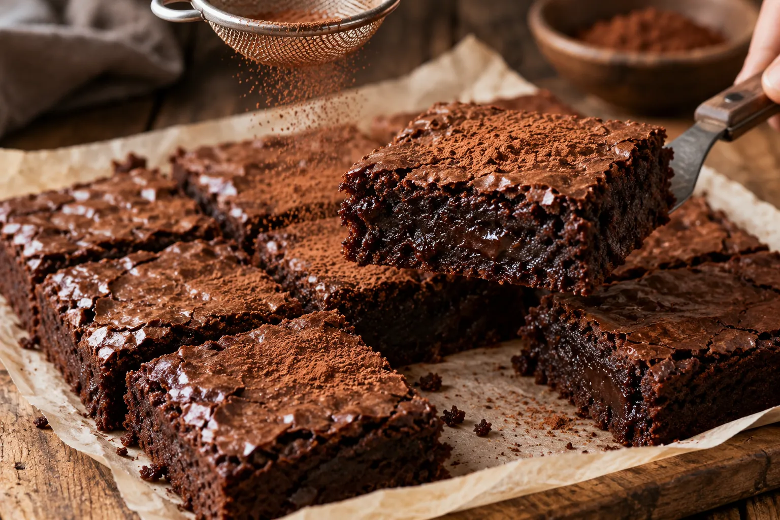 Brownies dusted with cocoa powder