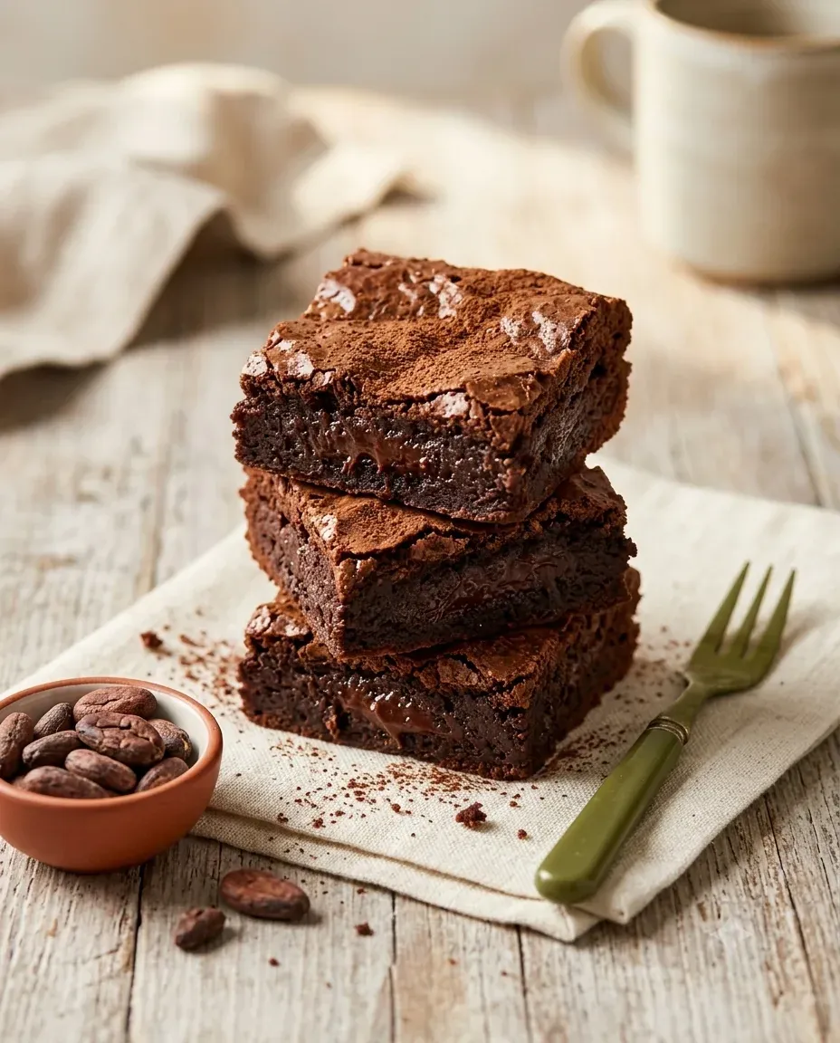Stack of fudgy brownies made with cocoa powder