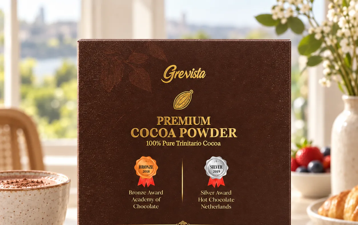 Grevista luxury gift box of cocoa powder on a breakfast table