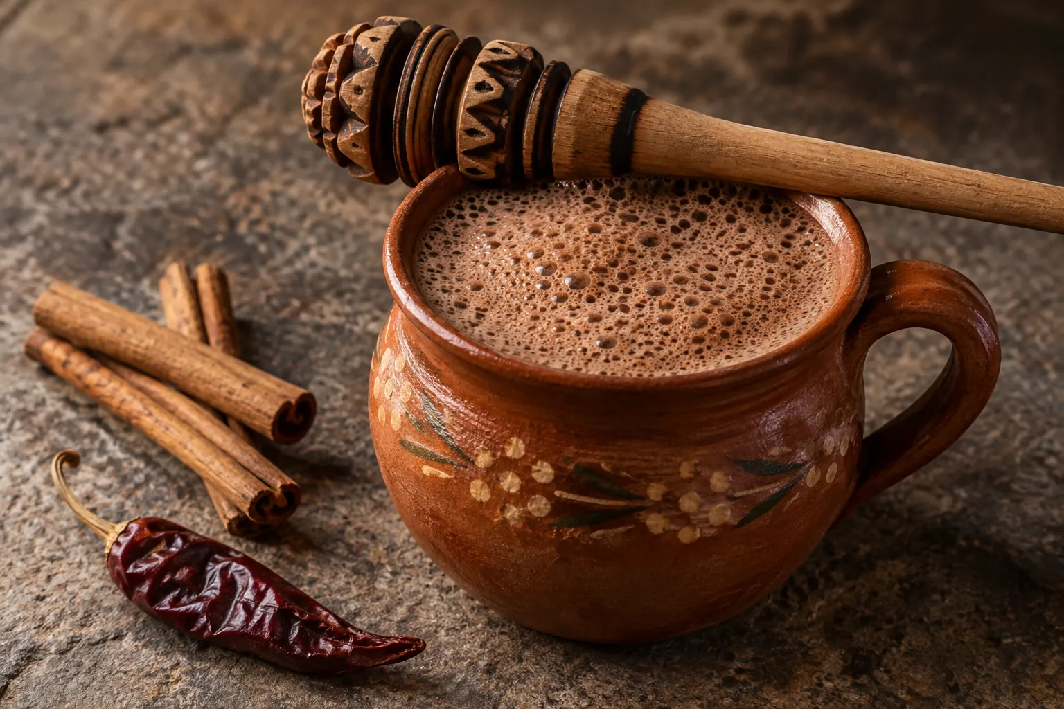 Mexican-style hot chocolate with cinnamon sticks and dried chili