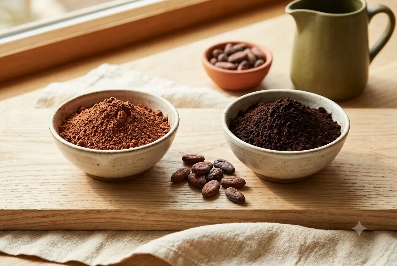 Two bowls comparing natural cocoa powder with darker Dutch-process cocoa