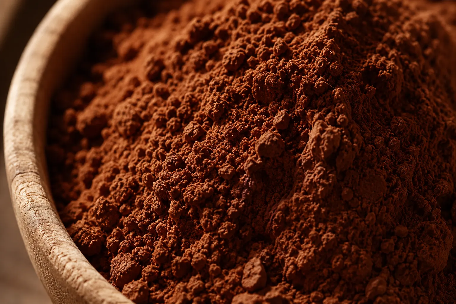 Close-up of fine natural cocoa powder in a wooden bowl