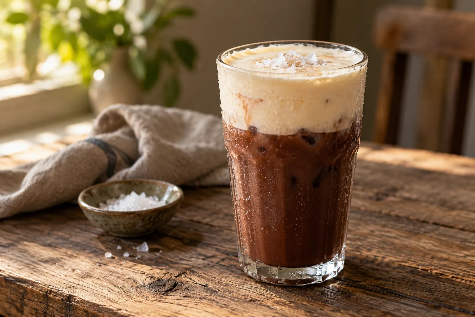Iced cocoa drink topped with salted cream