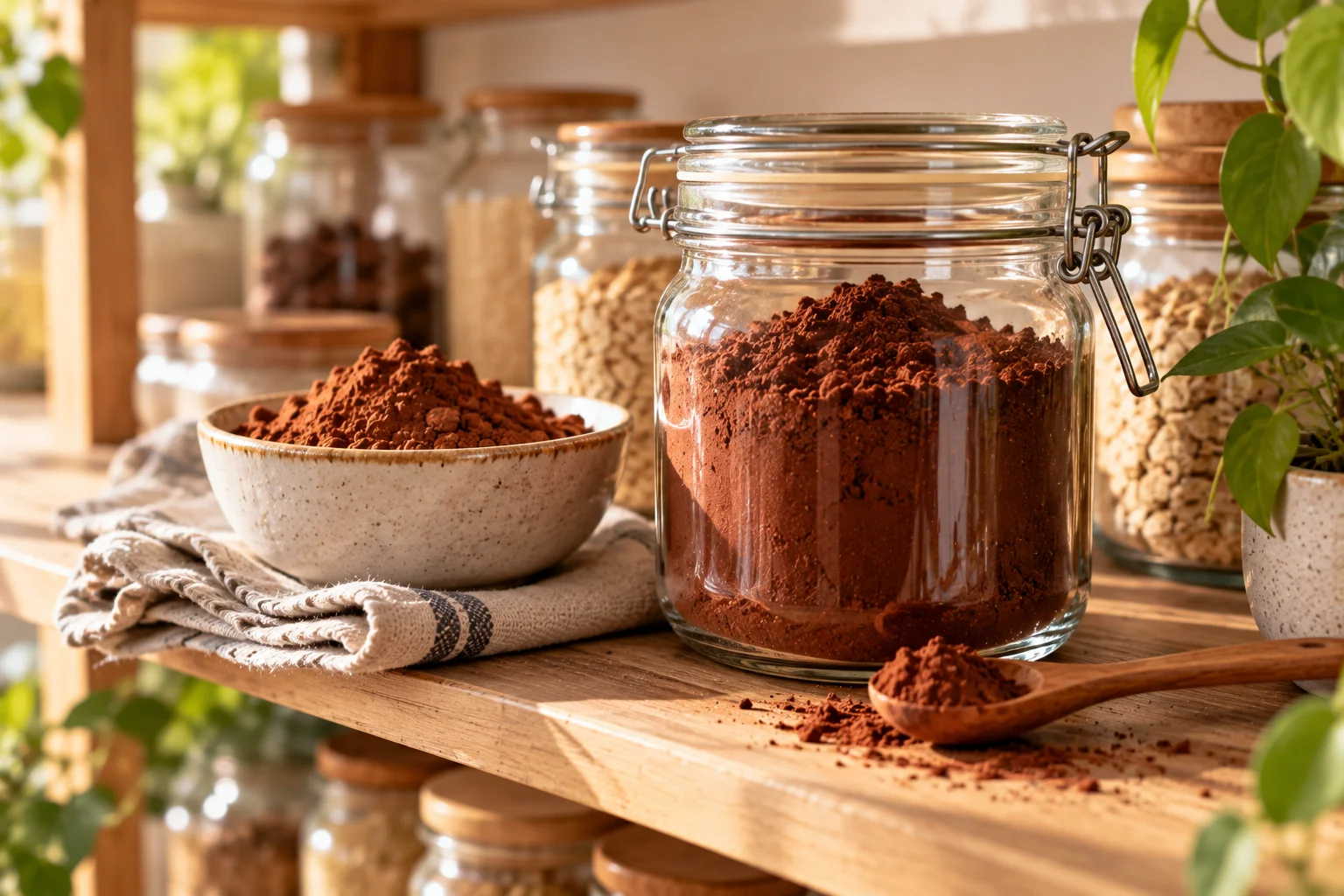 Glass jar of cocoa powder with a clamp lid on a pantry shelf beside a wooden spoon and a bowl of cocoa powder