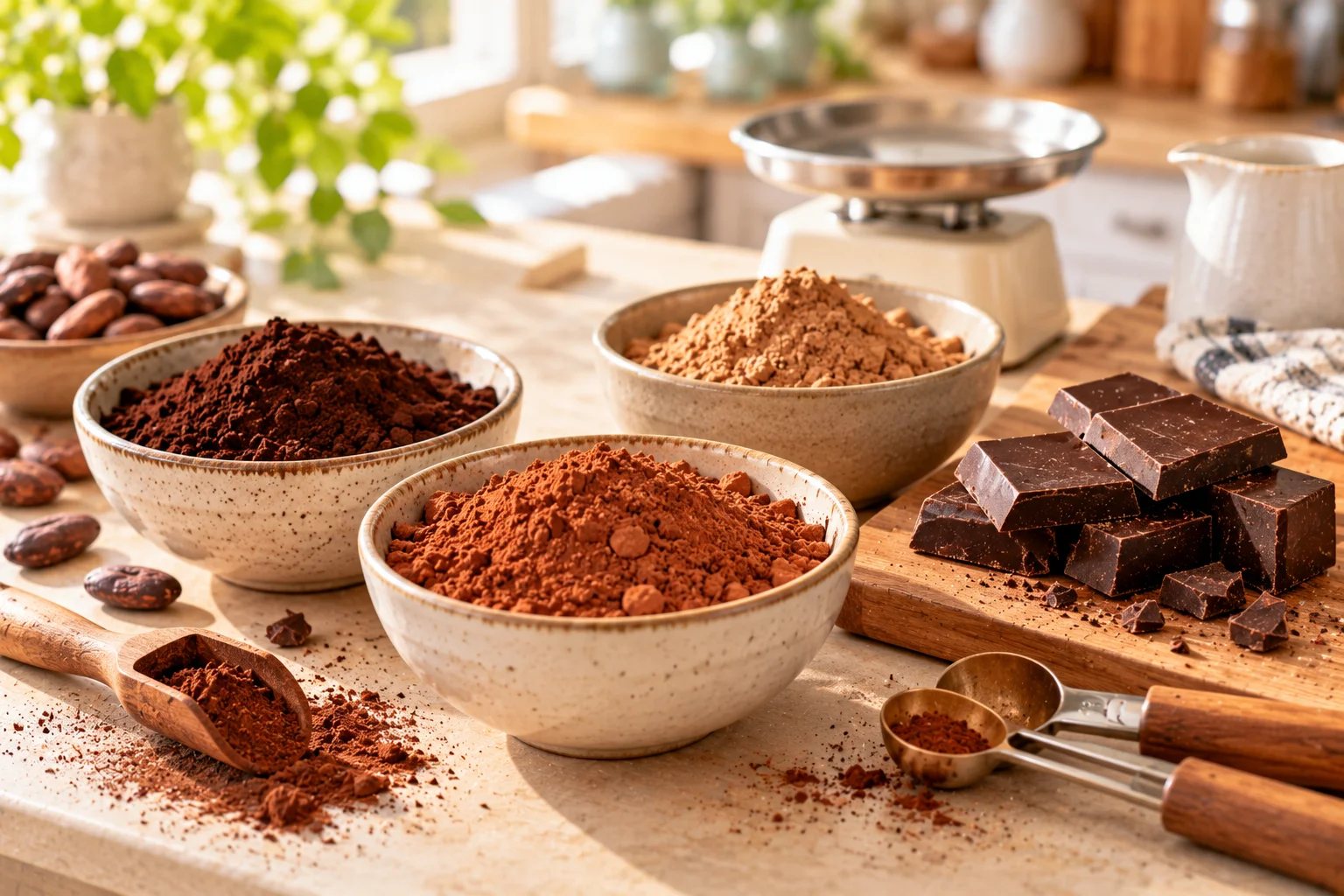 Cocoa powder substitutes on a kitchen counter: unsweetened chocolate squares, cacao powder, carob powder and measuring spoons