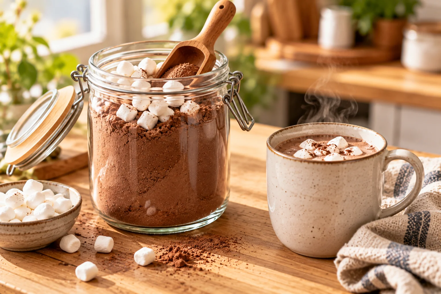 Glass jar of homemade hot cocoa mix with mini marshmallows and a wooden scoop beside a mug of hot cocoa