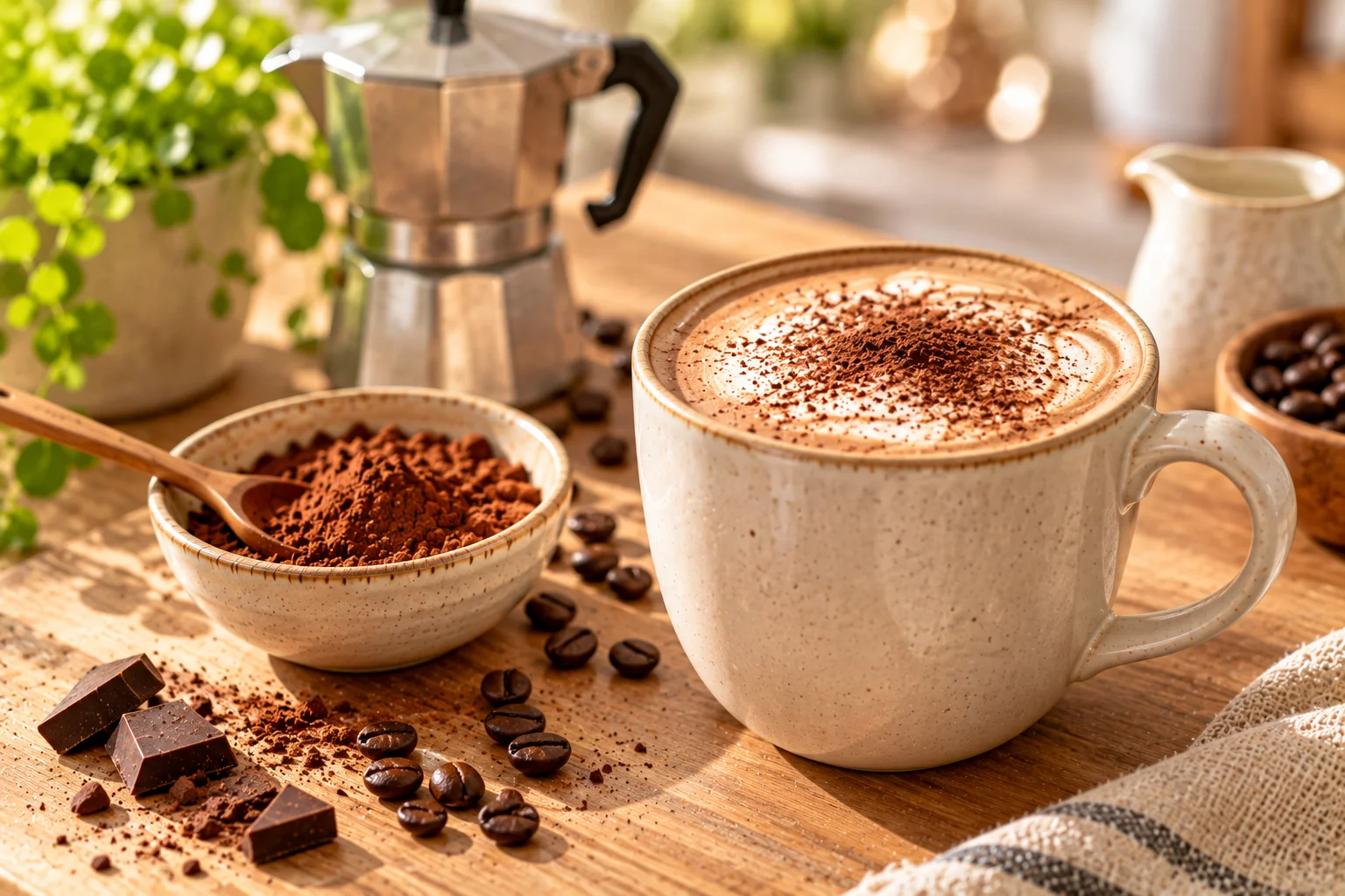 Cream mug of mocha with cocoa dusting beside a bowl of cocoa powder, a small coffee pot and coffee beans