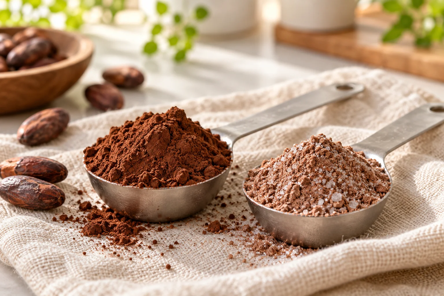 Two measuring spoons side by side, one with dark unsweetened cocoa powder and one with lighter sweetened cocoa mix