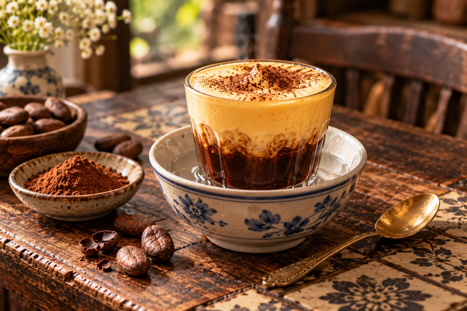 Vietnamese egg cocoa in a small glass cup with a thick yolk cream over dark hot cocoa, in a bowl of hot water
